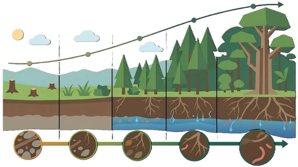 Vector infographic showing forest recovery from cleared land to mature forest as canopy, roots, water and soil life return over time